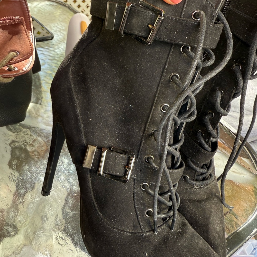 JustFab Black Heeled Boots with Buckle Detail